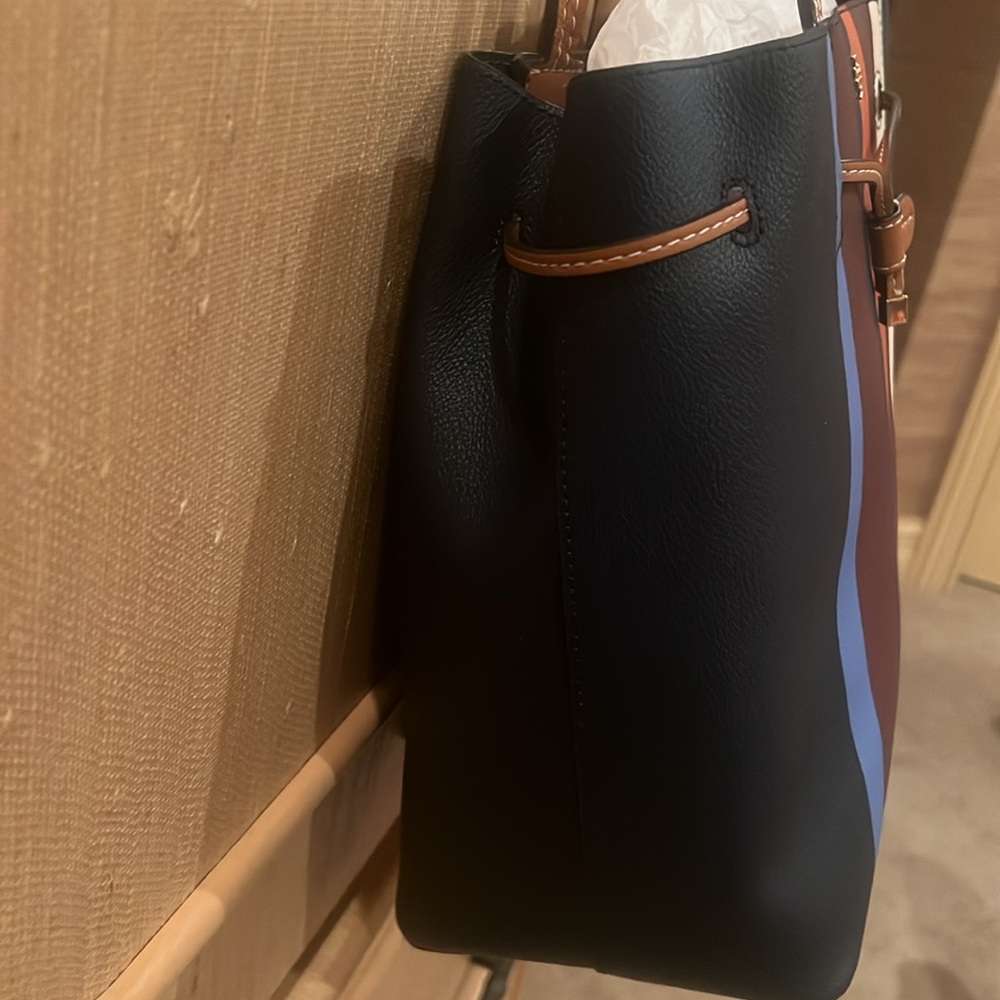 TORY BURCH 
Blue , multicolor stripe leather Kerrington bucket bag /gold-tone - Picture 5 of 17